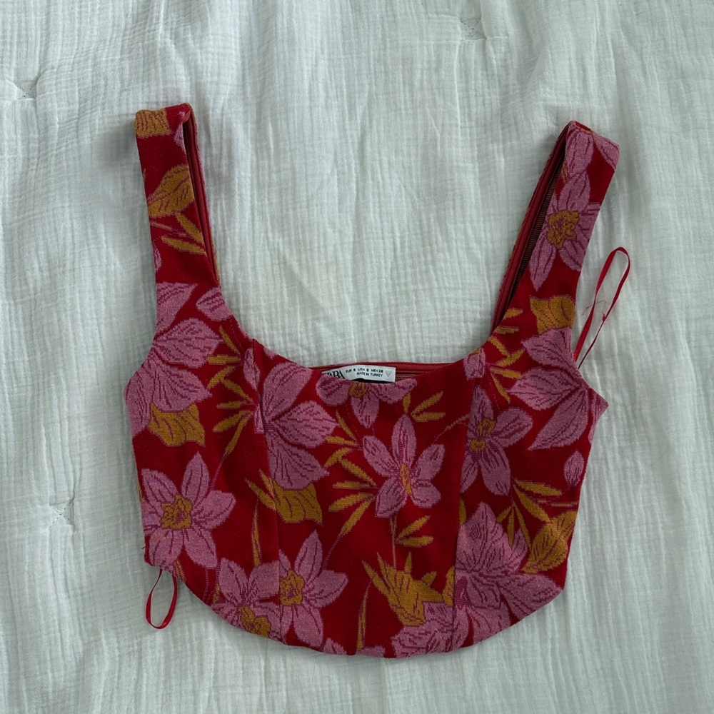 Zara Red and Pink Floral Crop Top